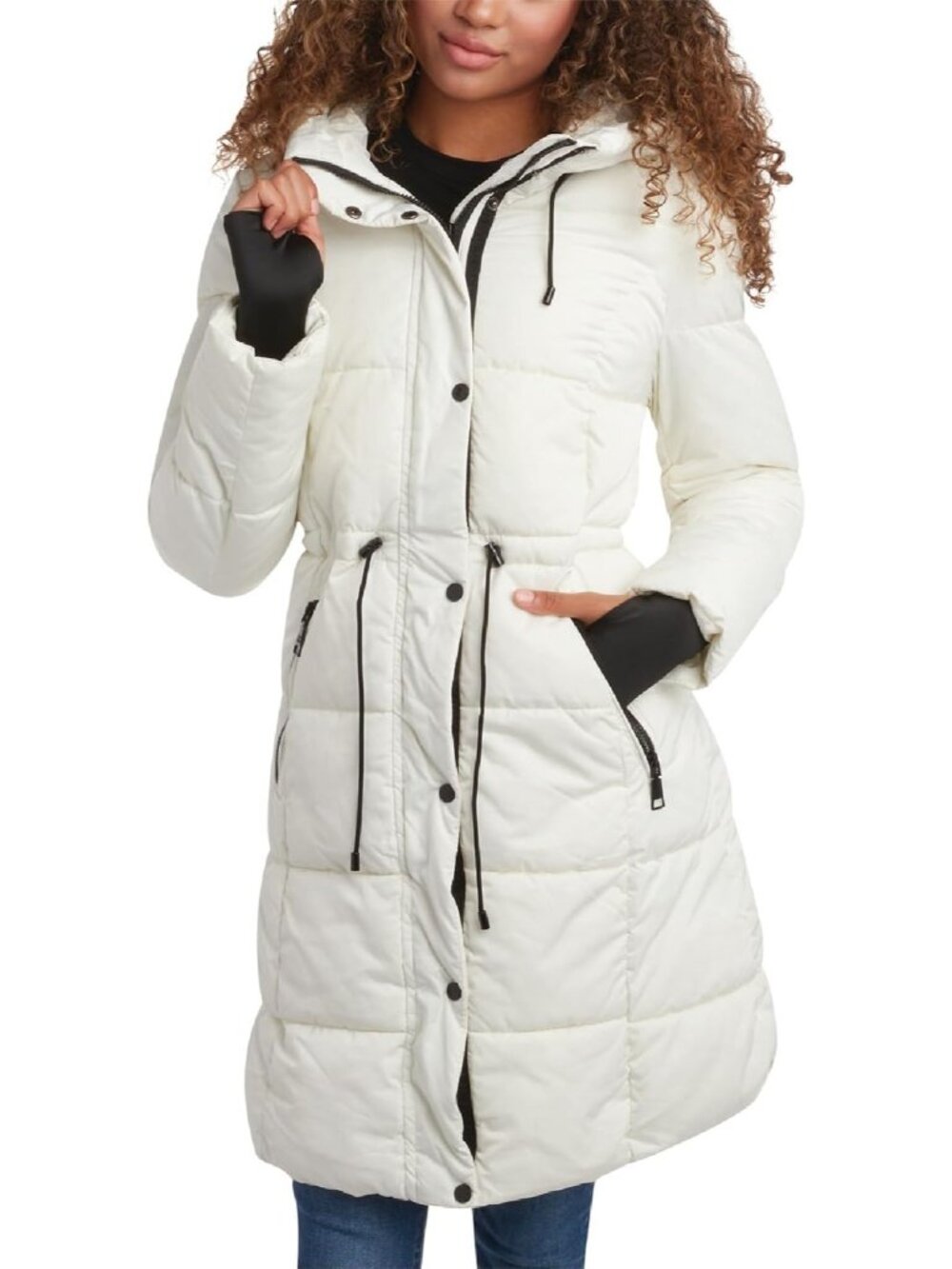 Steve Madden Women's Ecru Hooded Quilted Insulated Warmth Long Puffer Jacket